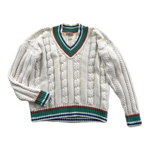 Vintage White Cable Knit V-Neck Striped Trim Cotton Tennis Varsity Sweater